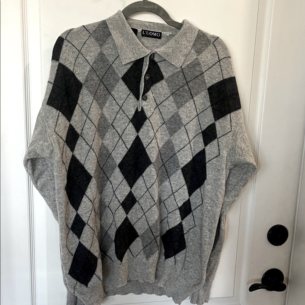 L’Uomo gray wool Argyle polo sweater made in Italy medium